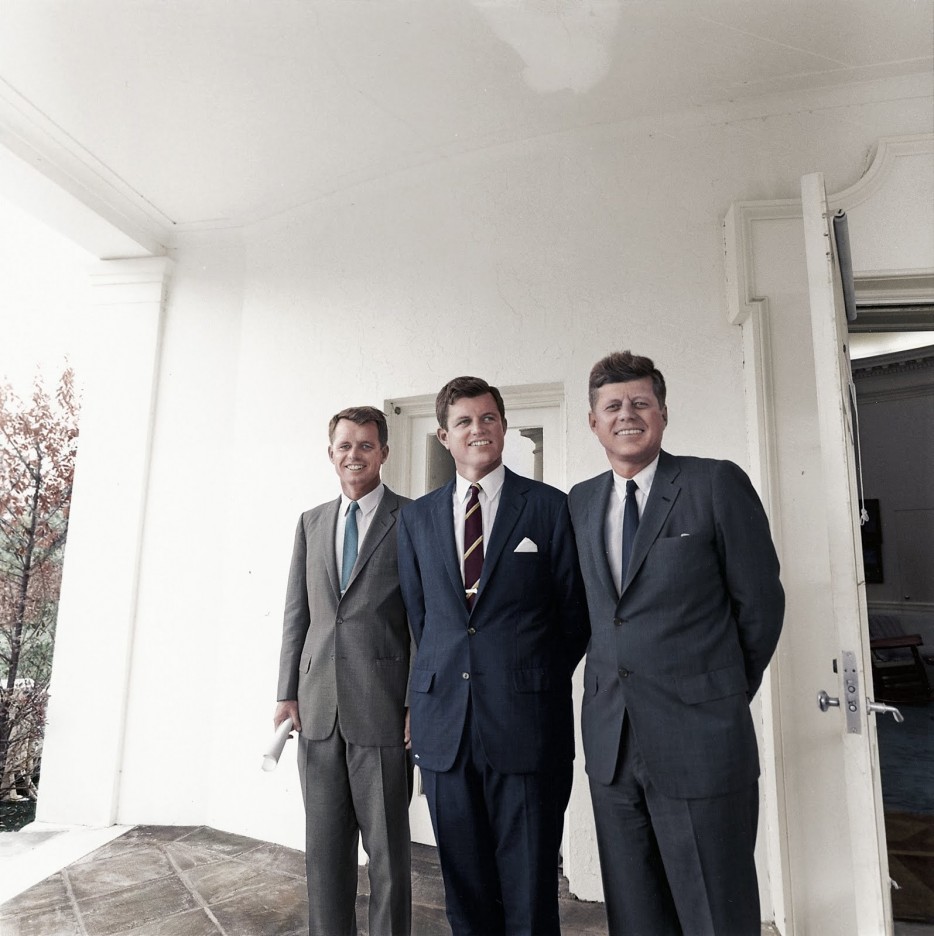 Brothers Robert Kennedy, Edward “Ted” Kennedy, and John F. Kennedy outside the Oval Office.