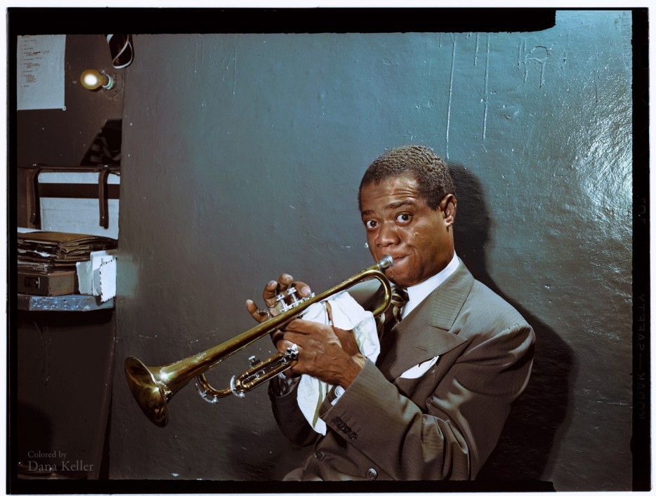 Louis Armstrong practicing backstage in 1946